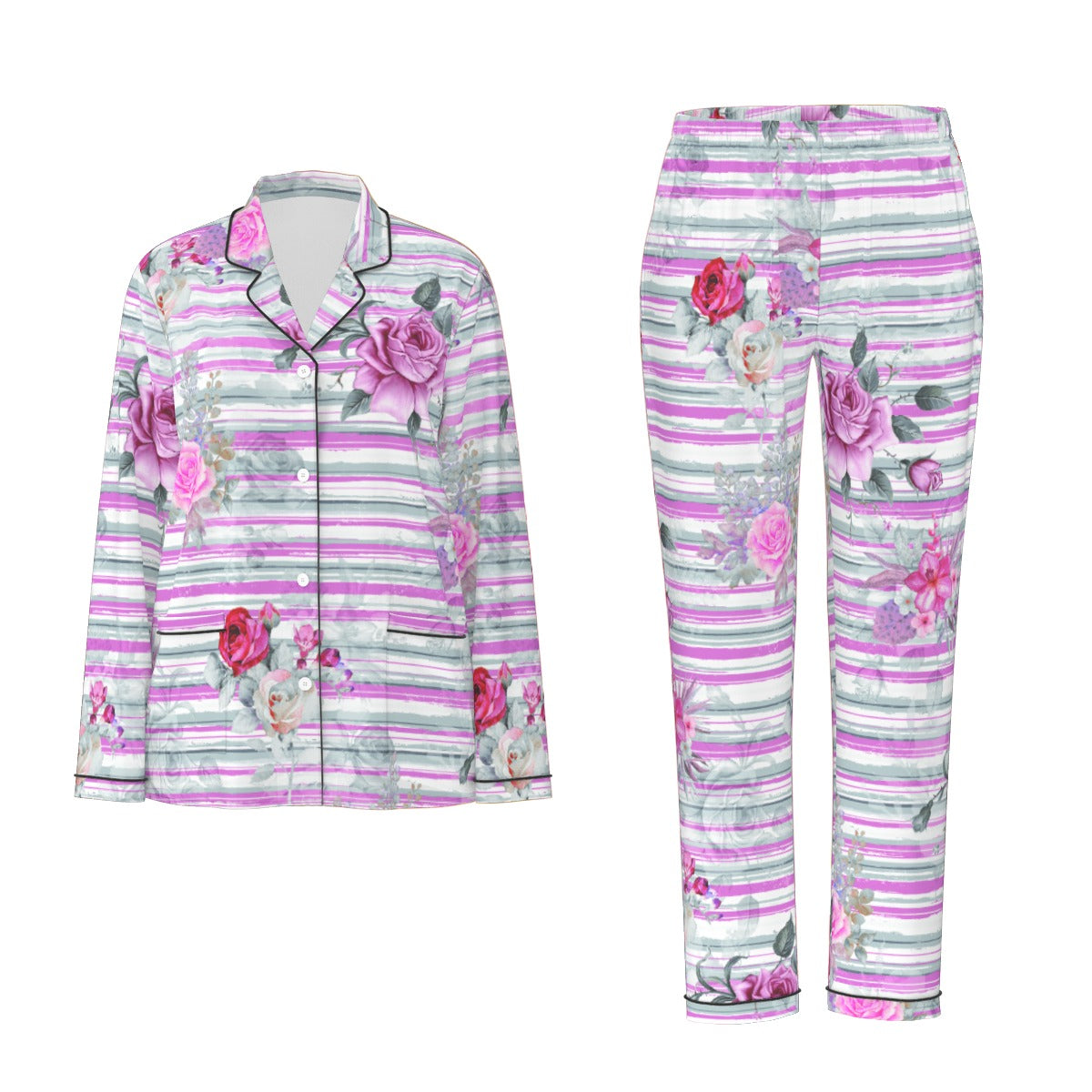 All-Over Print Women's Long Sleeve Pajama Set With Black Contrast Piping