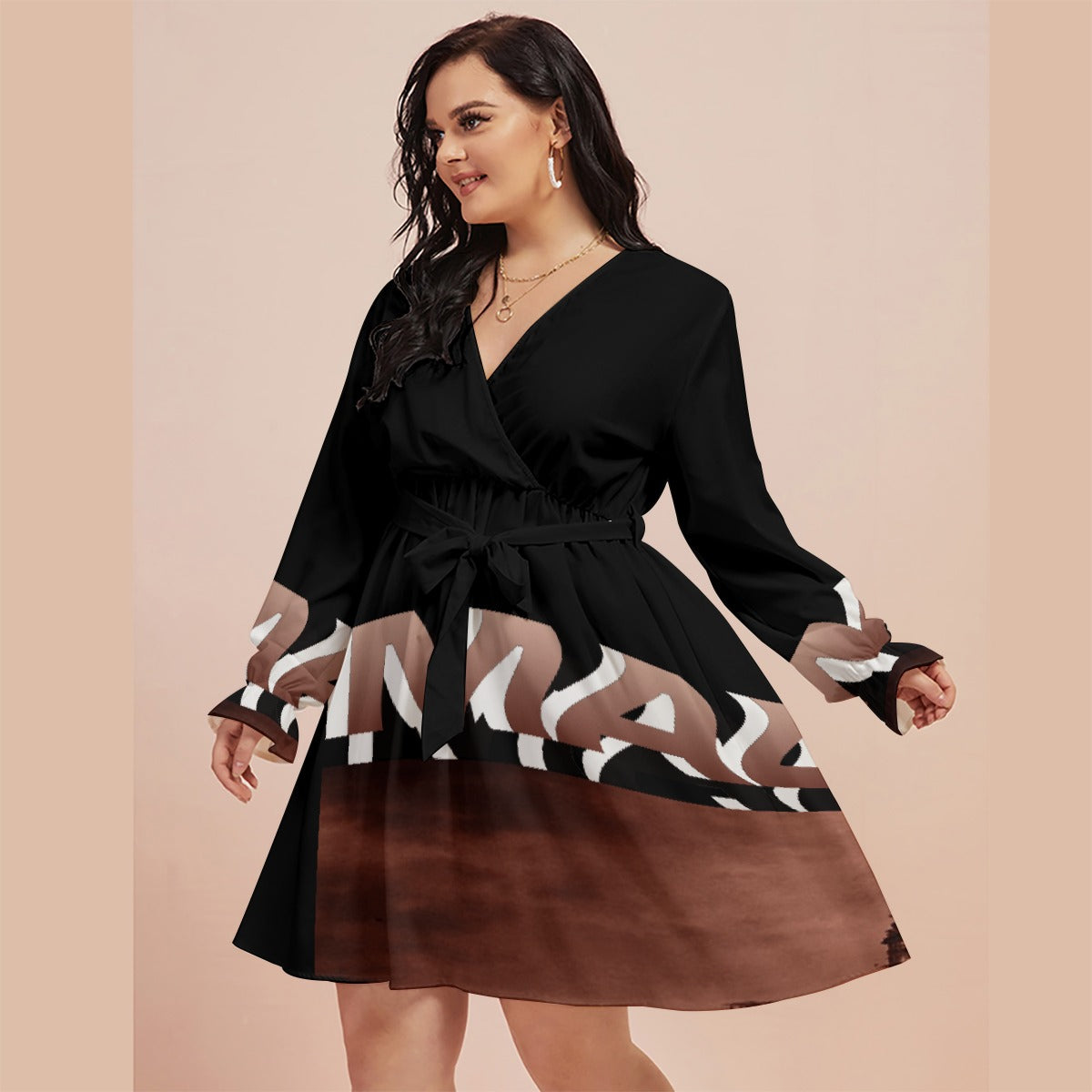 All-Over Print Women's V-neck Dress With Waistband(Plus Size)