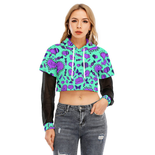 All-Over Print Women's Fake Two-piece Mesh Sleeve Cropped Hoodie