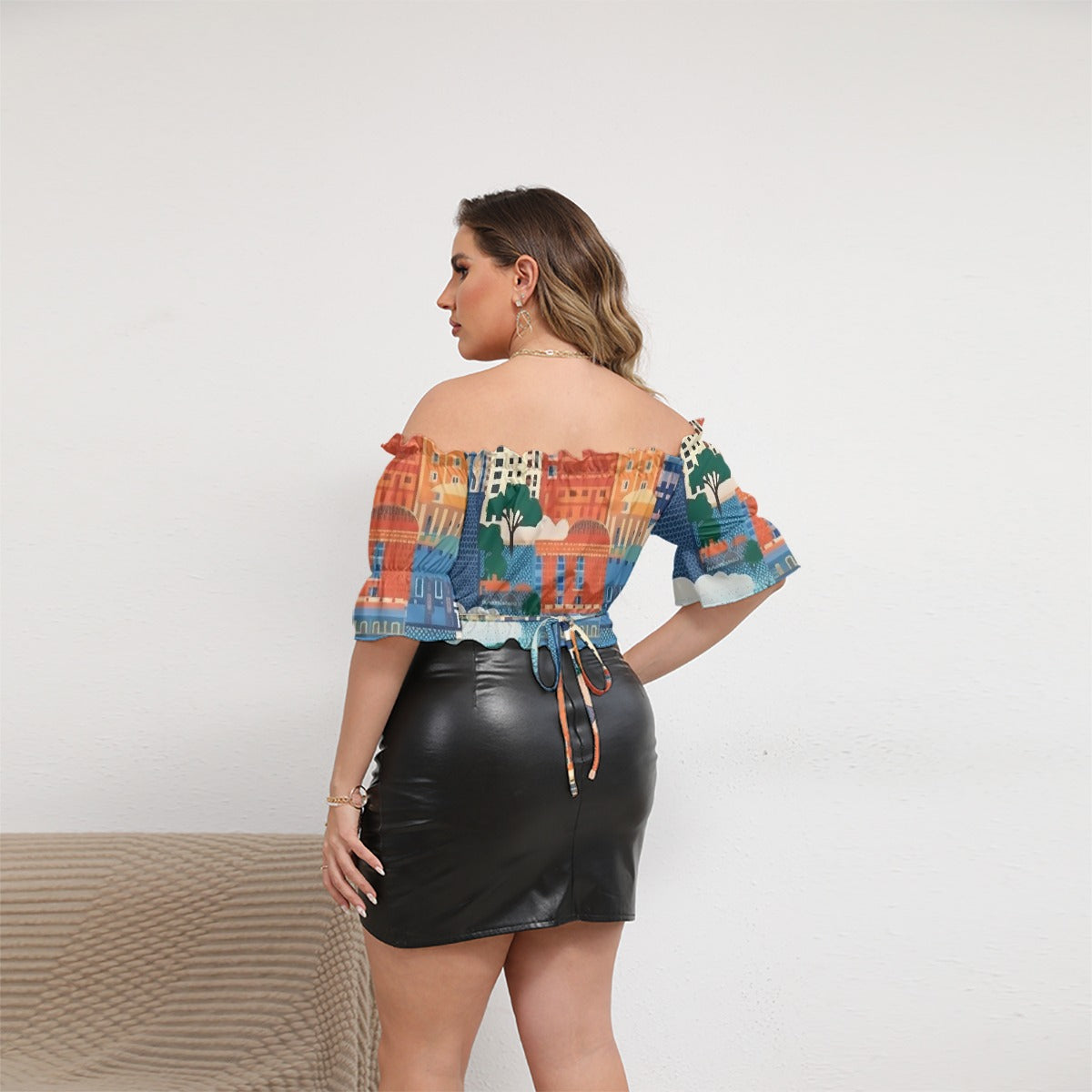 All-Over Print Women's Off-shoulder Cropped Top With Short Puff Sleeve