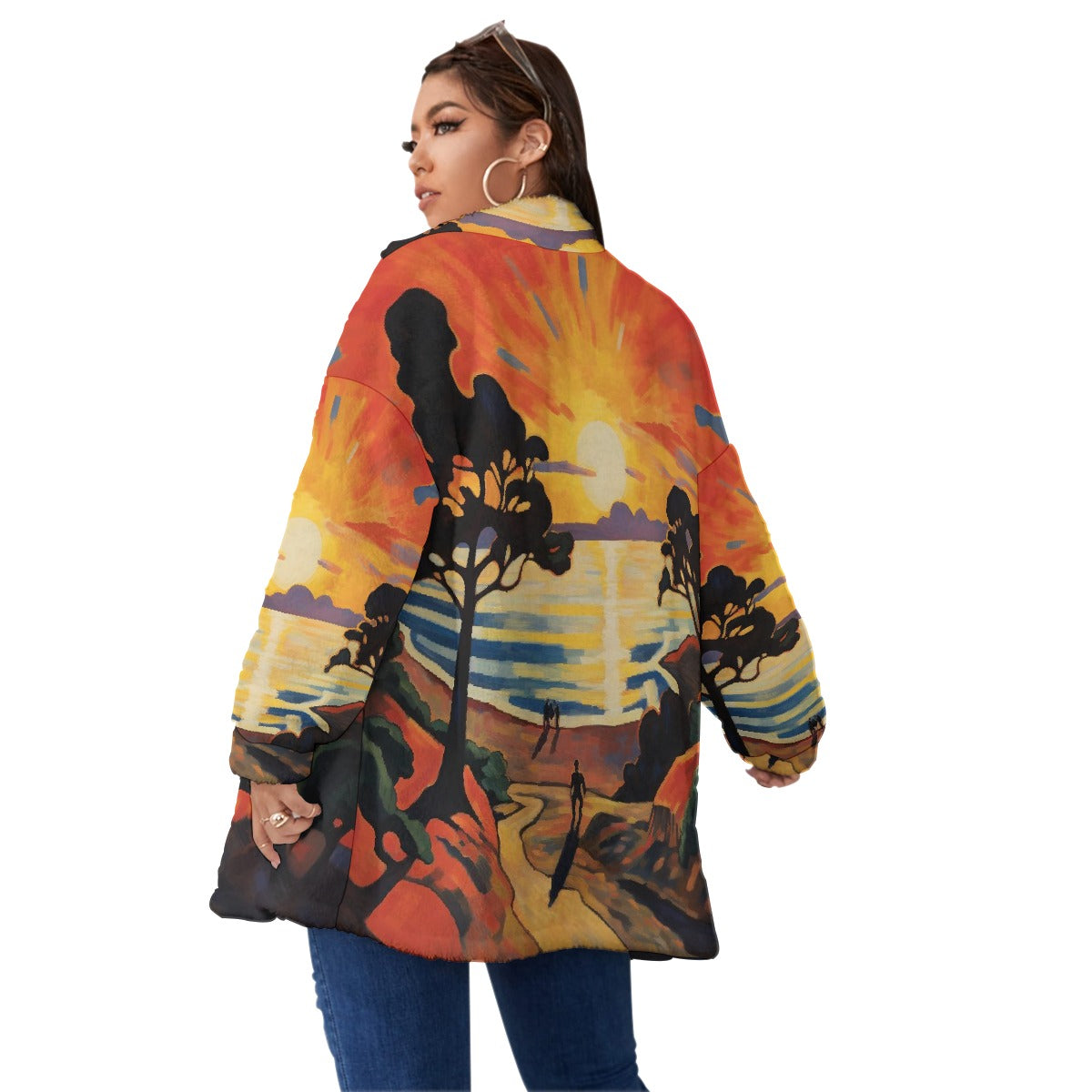 All-Over Print Unisex Borg Fleece Stand-up Collar Coat With Zipper Closure(Plus Size)