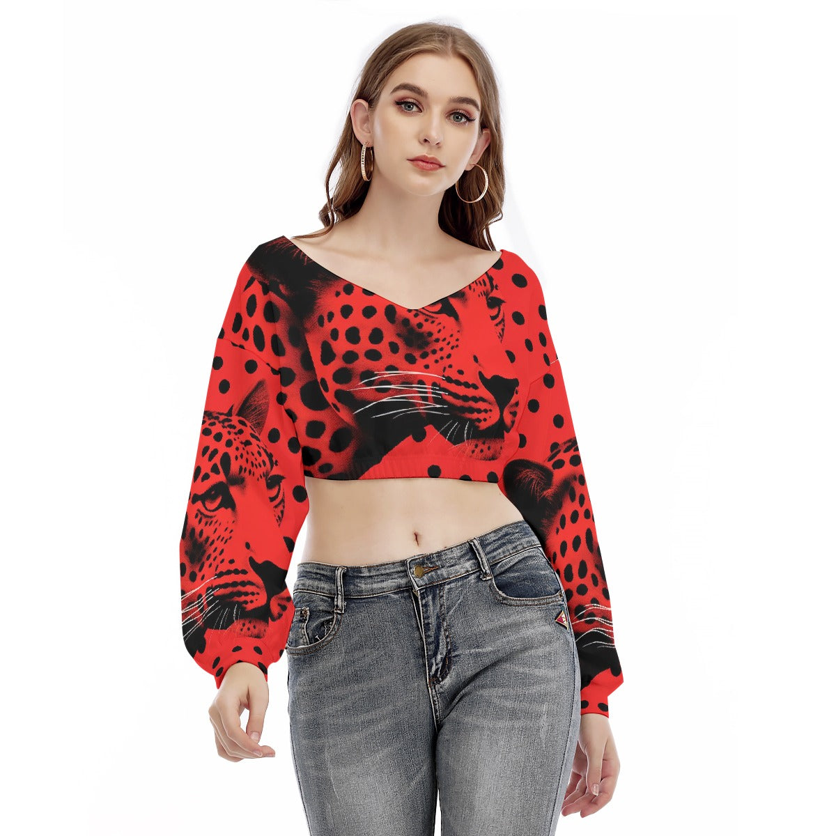 All-Over Print Women's V-neck Long Sleeve Cropped Sweatshirt