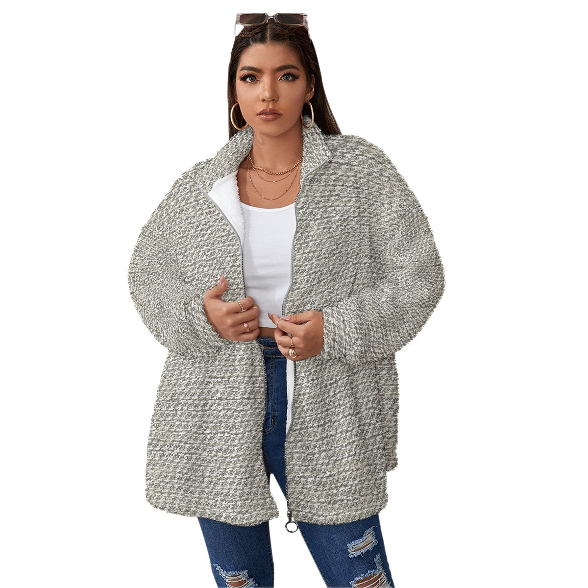 All-Over Print Unisex Borg Fleece Stand-up Collar Coat With Zipper Closure(Plus Size)