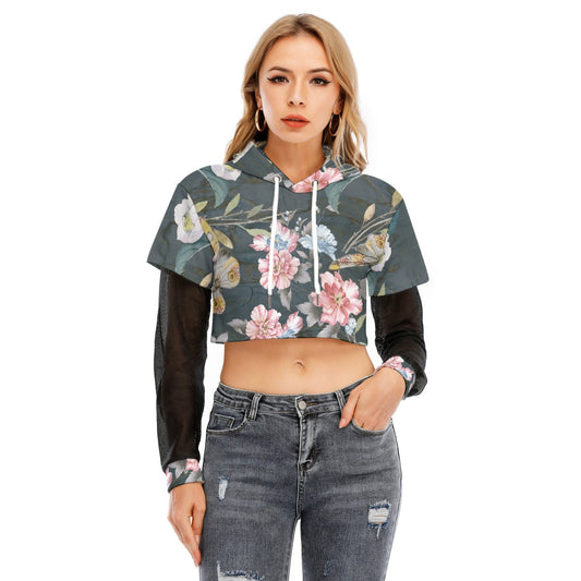 All-Over Print Women's Fake Two-piece Mesh Sleeve Cropped Hoodie