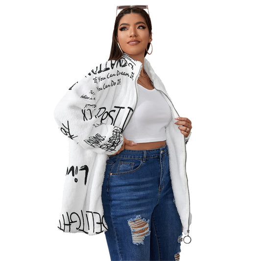 All-Over Print Unisex Borg Fleece Stand-up Collar Coat With Zipper Closure(Plus Size)