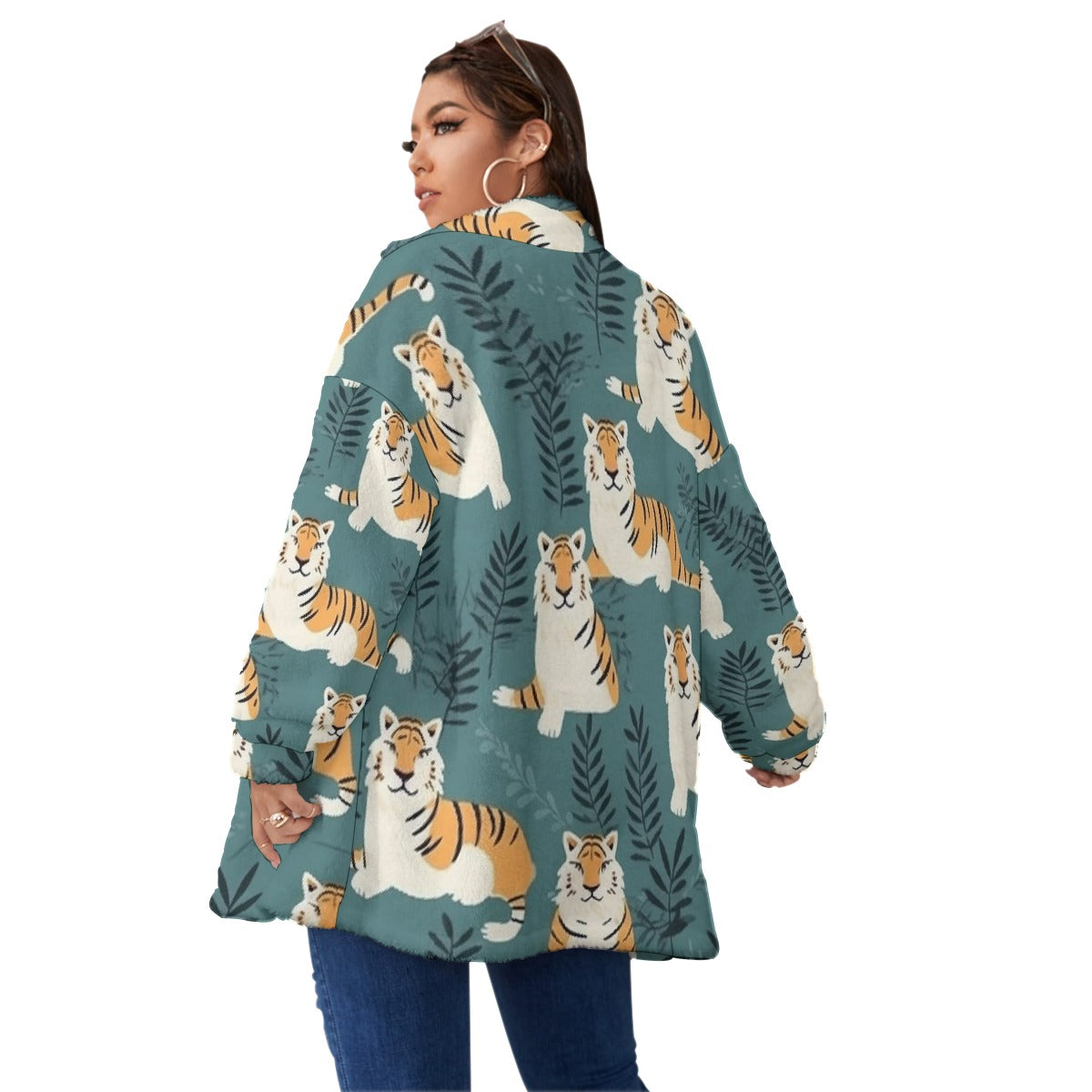 All-Over Print Unisex Borg Fleece Stand-up Collar Coat With Zipper Closure(Plus Size)