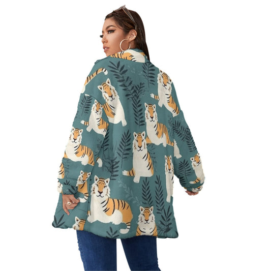 All-Over Print Unisex Borg Fleece Stand-up Collar Coat With Zipper Closure(Plus Size)