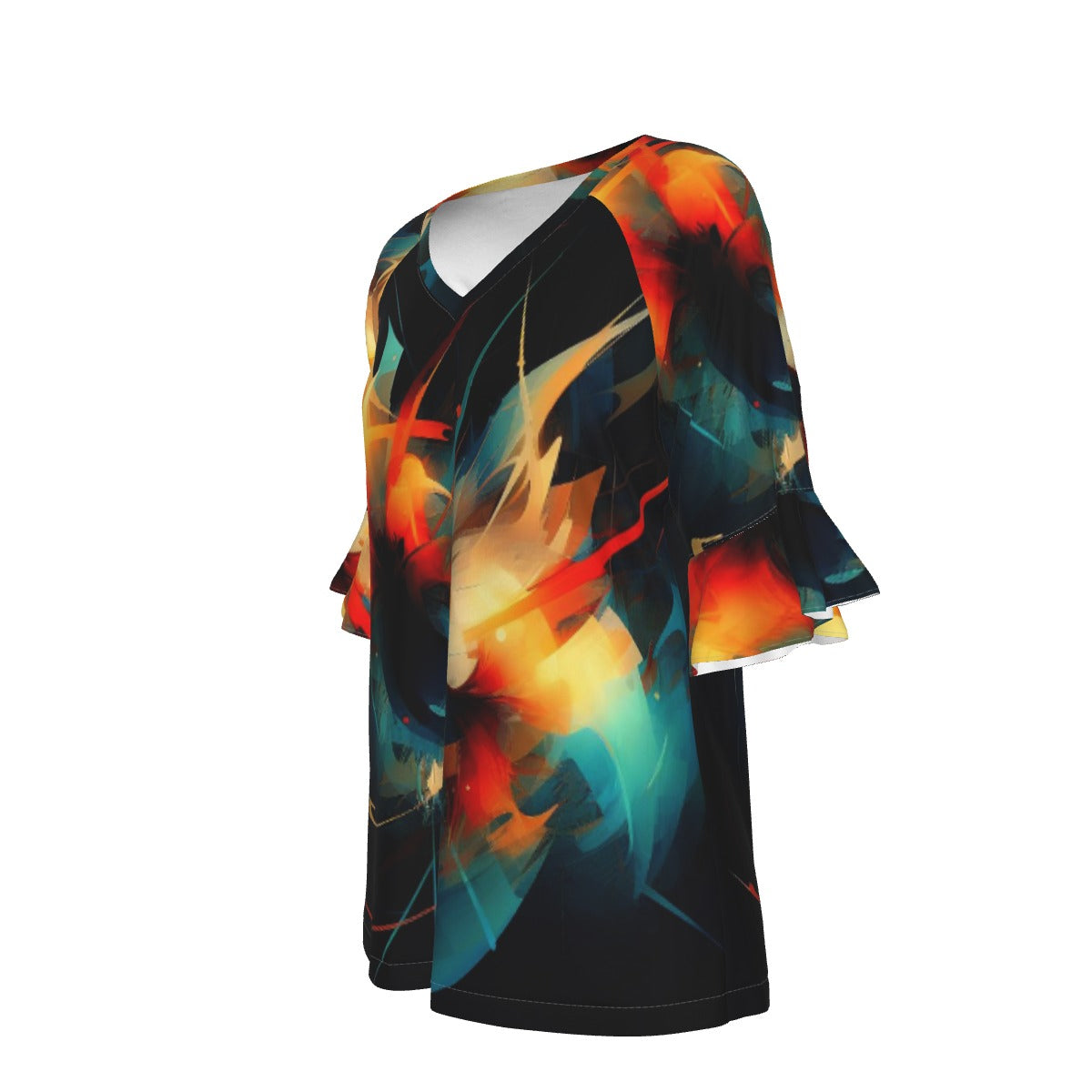 All-Over Print V-neck Women's T-shirt With Bell Sleeve