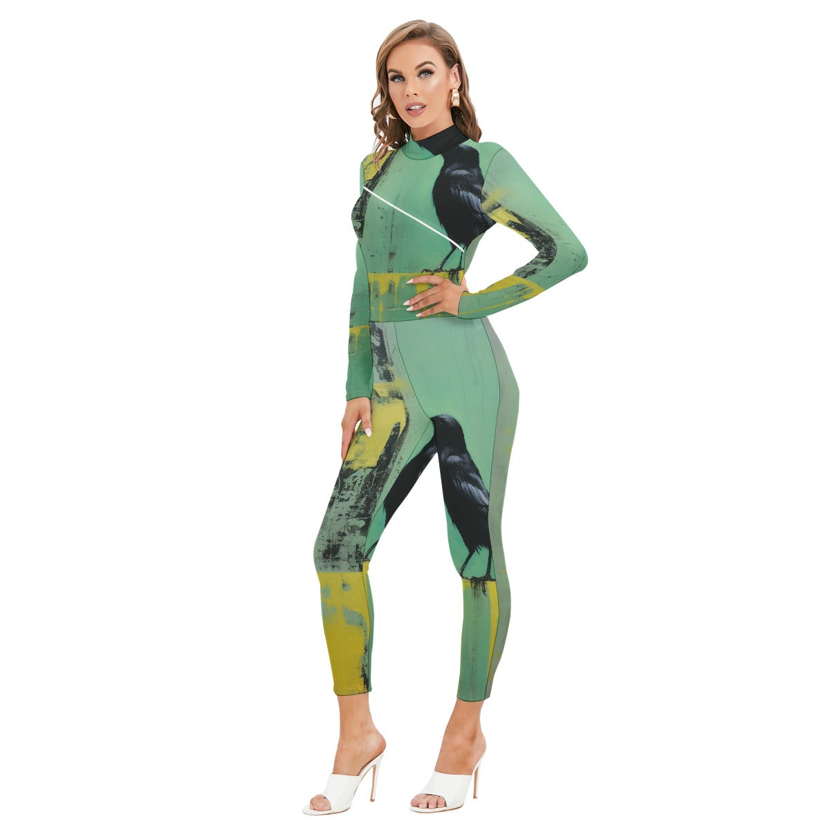 All-Over Print Women's Long-sleeved High-neck Jumpsuit With Zipper