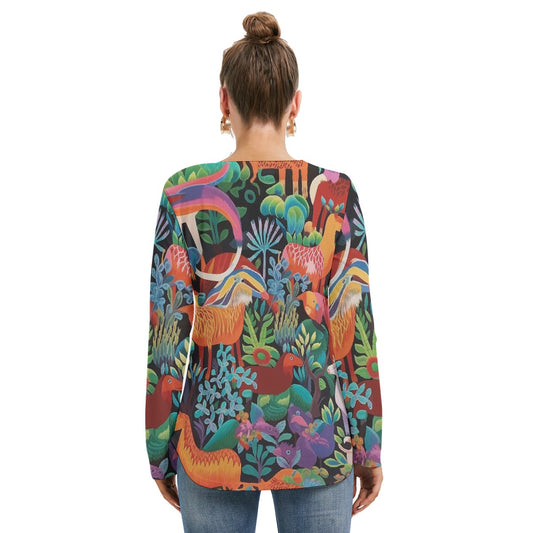 All-Over Print Women's Long Sleeve Neckline Tie Sweatshirt