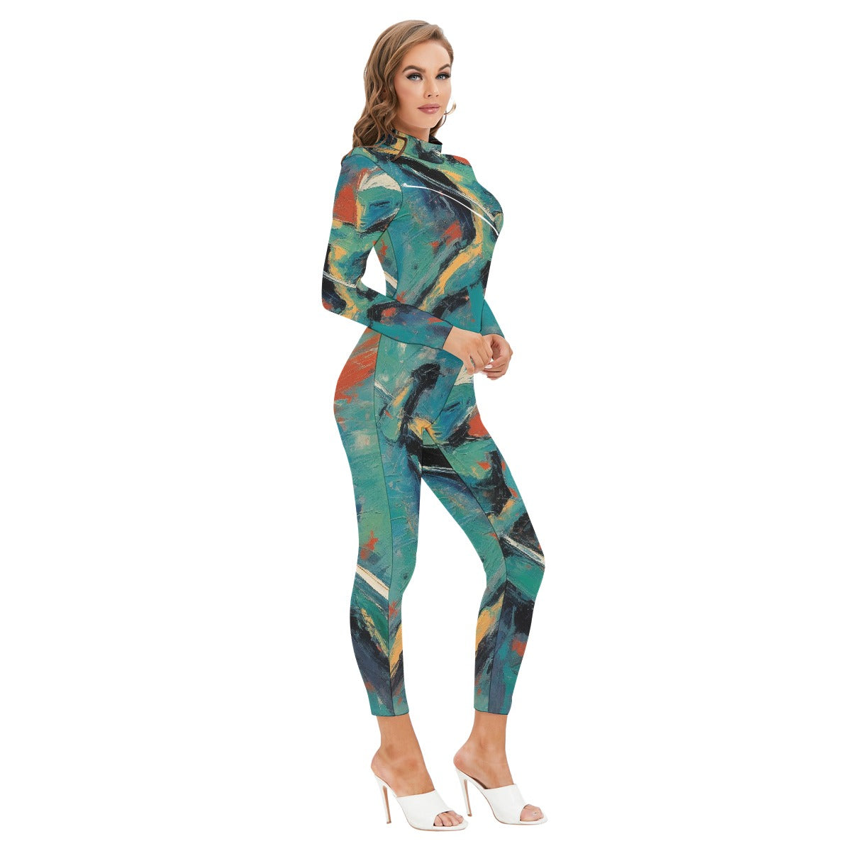 All-Over Print Women's Long-sleeved High-neck Jumpsuit With Zipper