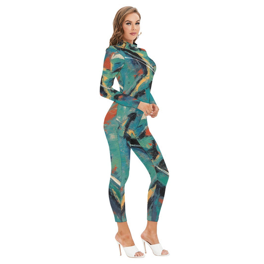 All-Over Print Women's Long-sleeved High-neck Jumpsuit With Zipper