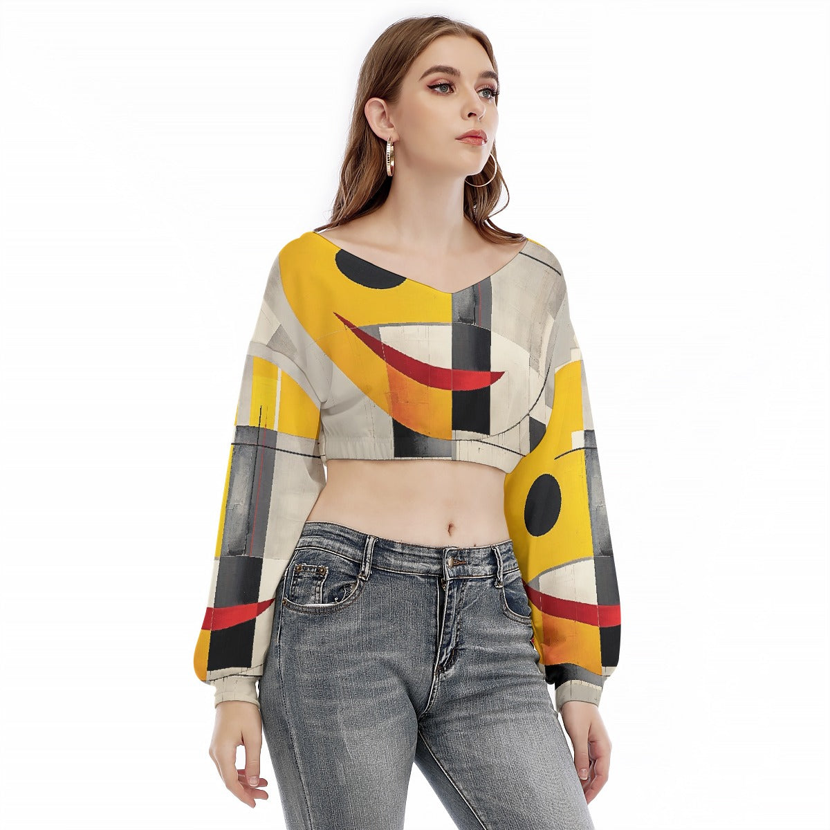 All-Over Print Women's V-neck Long Sleeve Cropped Sweatshirt