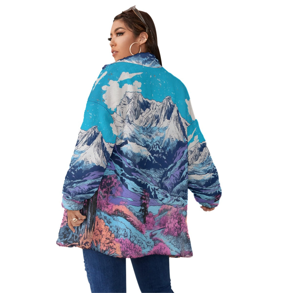 All-Over Print Unisex Borg Fleece Stand-up Collar Coat With Zipper Closure(Plus Size)