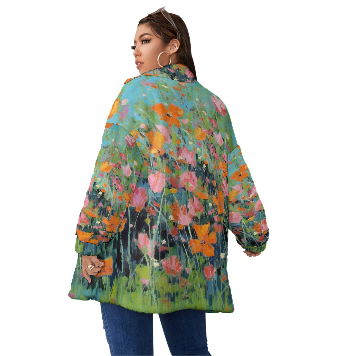 All-Over Print Unisex Borg Fleece Stand-up Collar Coat With Zipper Closure(Plus Size)