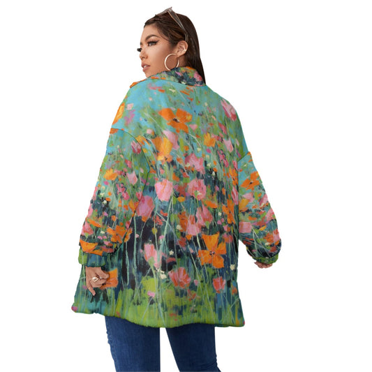 All-Over Print Unisex Borg Fleece Stand-up Collar Coat With Zipper Closure(Plus Size)