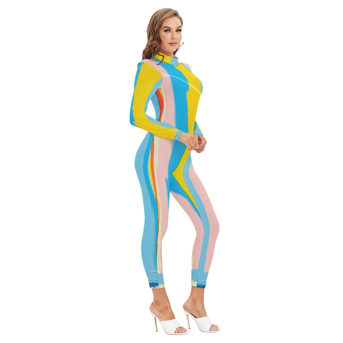 All-Over Print Women's Long-sleeved High-neck Jumpsuit With Zipper