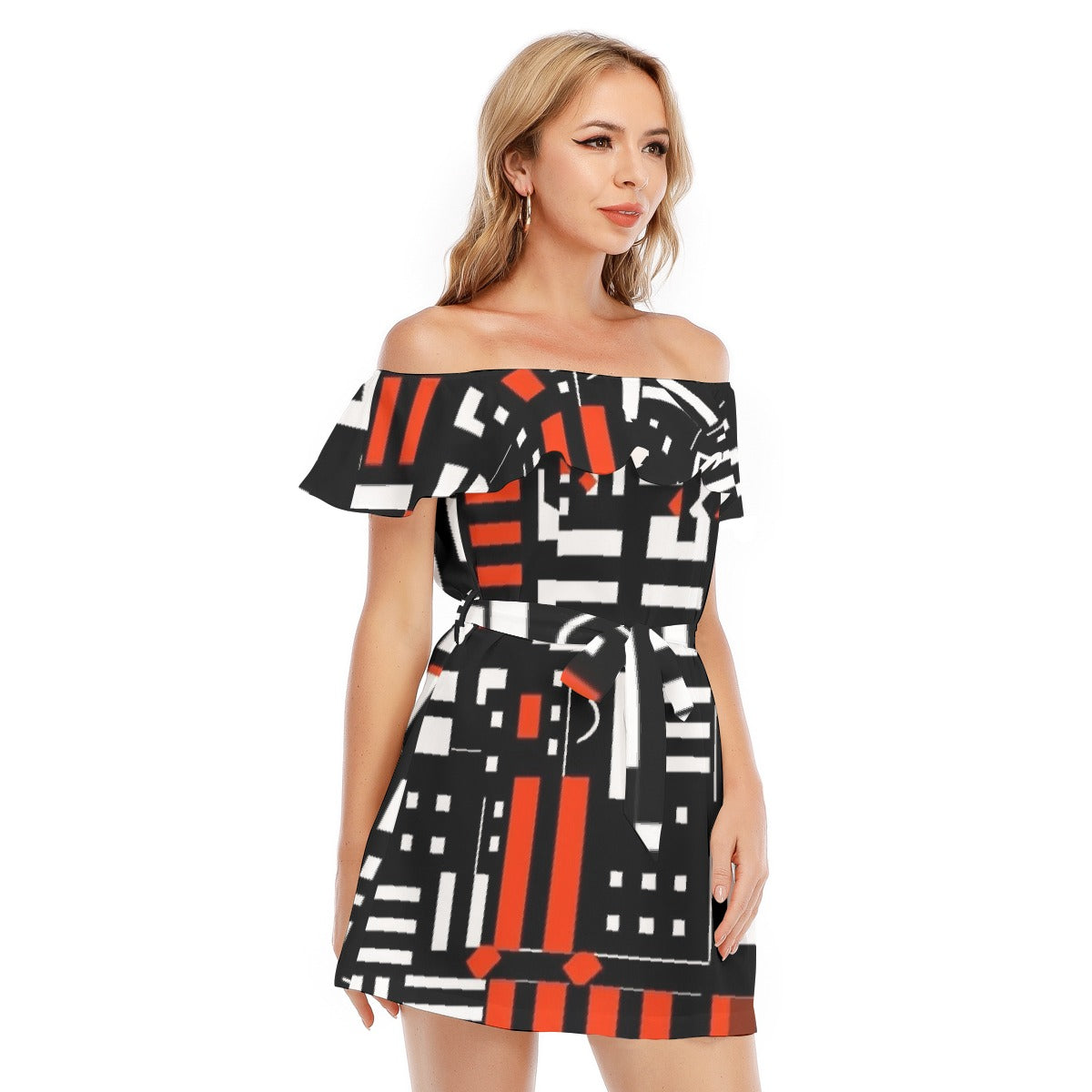 All-Over Print Women's Off-shoulder Dress With Ruffle