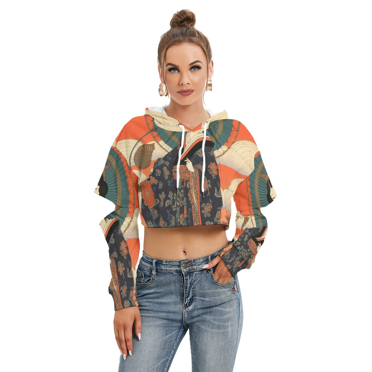 All-Over Print Women's Heavy Fleece Hoodie With Hollow Out Sleeve