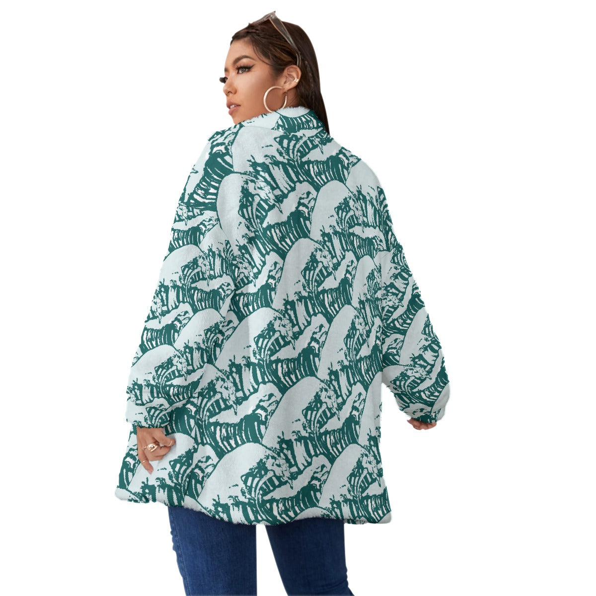 All-Over Print Unisex Borg Fleece Stand-up Collar Coat With Zipper Closure(Plus Size)