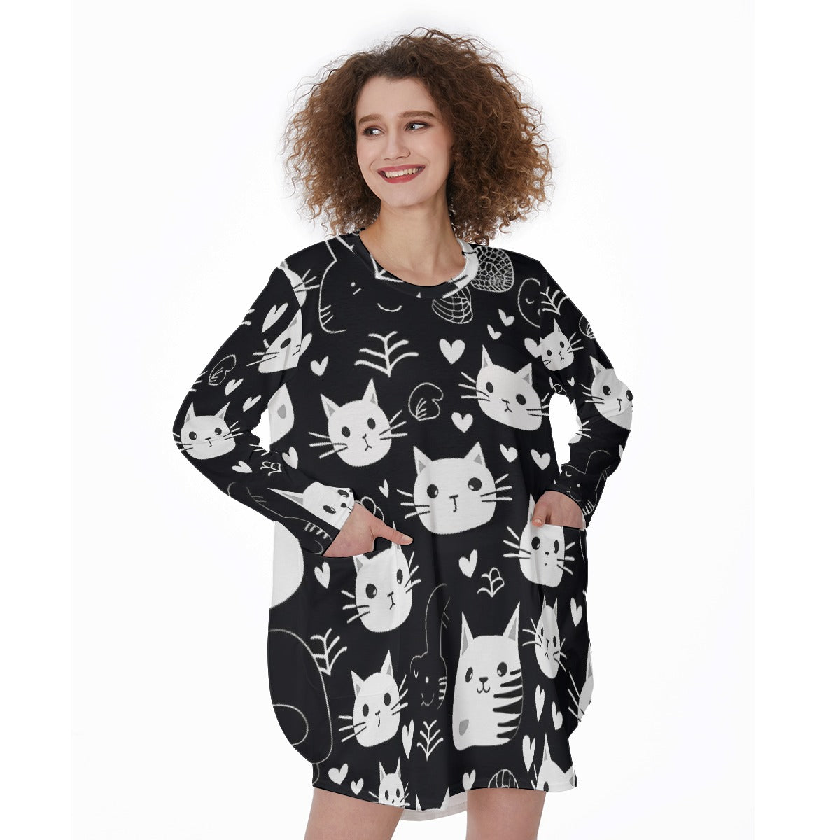 All-Over Print Women's Casual Loose Long Sleeve Dress With Pocket