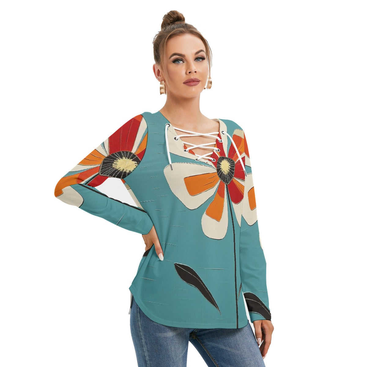 All-Over Print Women's Long Sleeve Neckline Tie Sweatshirt