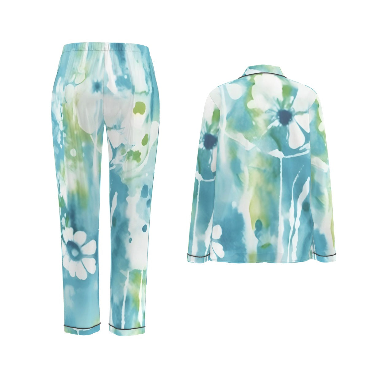 All-Over Print Women's Long Sleeve Pajama Set With Black Contrast Piping