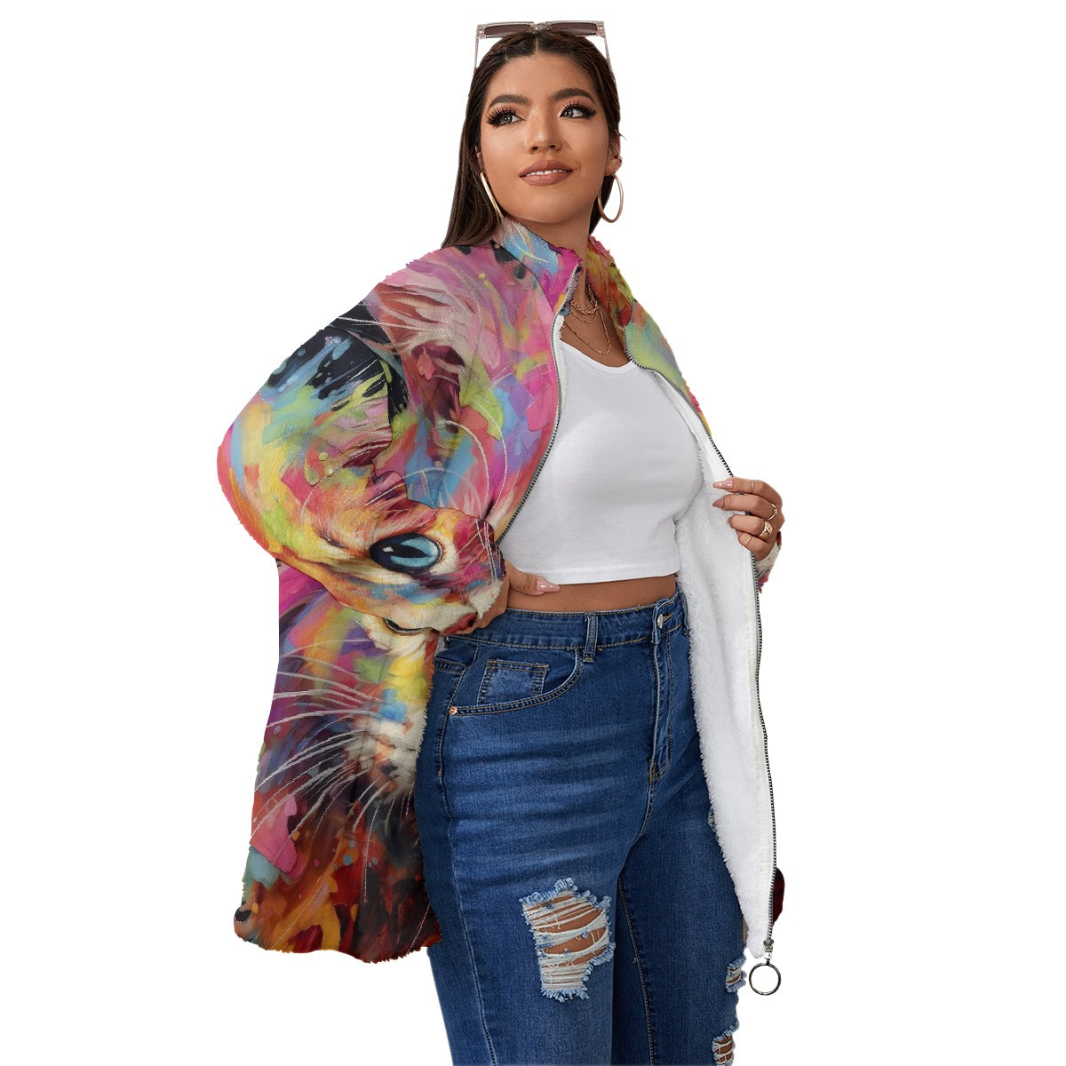 All-Over Print Unisex Borg Fleece Stand-up Collar Coat With Zipper Closure(Plus Size)