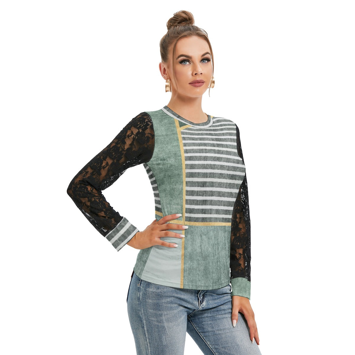 All-Over Print Women's T-shirt And Sleeve With Black Lace