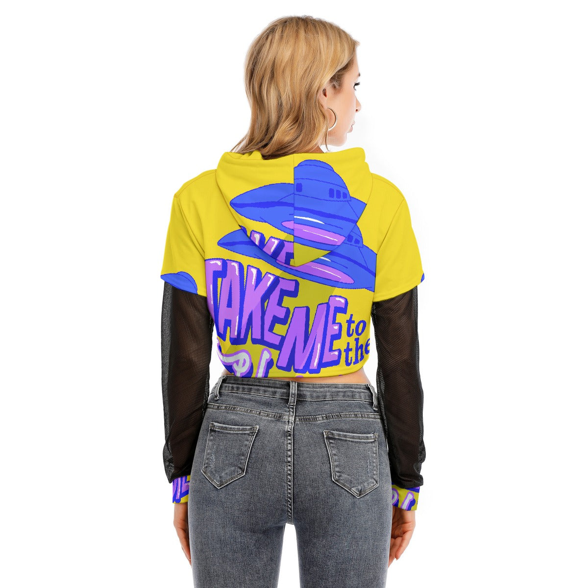 All-Over Print Women's Fake Two-piece Mesh Sleeve Cropped Hoodie