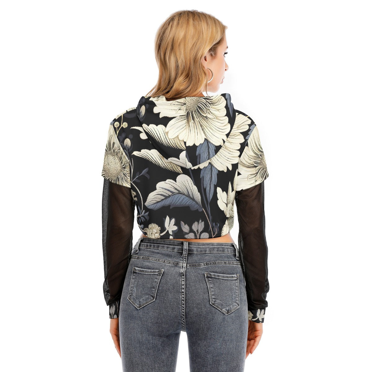 All-Over Print Women's Fake Two-piece Mesh Sleeve Cropped Hoodie