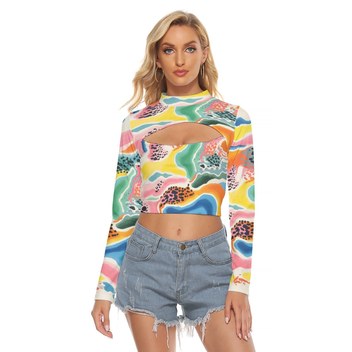 All-Over Print Women's Hollow Chest Keyhole Tight Crop Top