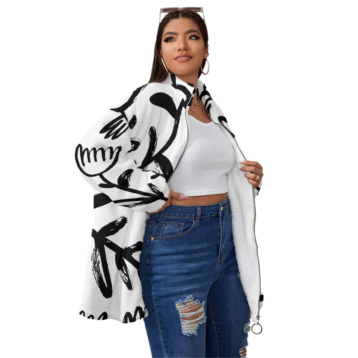 All-Over Print Unisex Borg Fleece Stand-up Collar Coat With Zipper Closure(Plus Size)