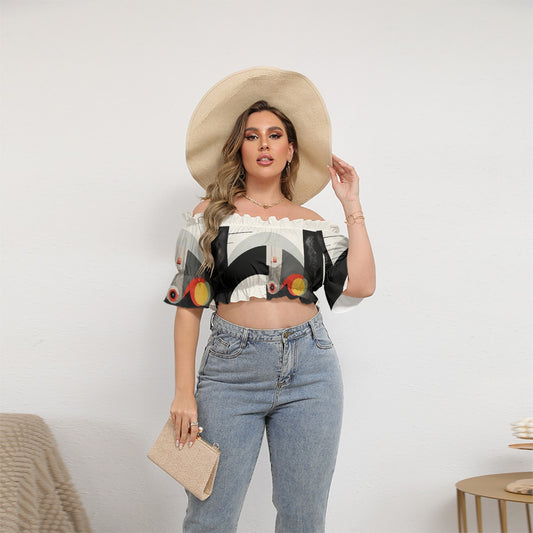 All-Over Print Women's Off-shoulder Cropped Top With Short Puff Sleeve