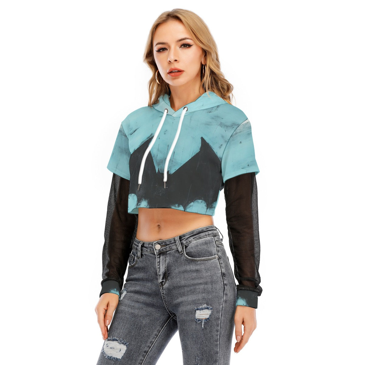 All-Over Print Women's Fake Two-piece Mesh Sleeve Cropped Hoodie