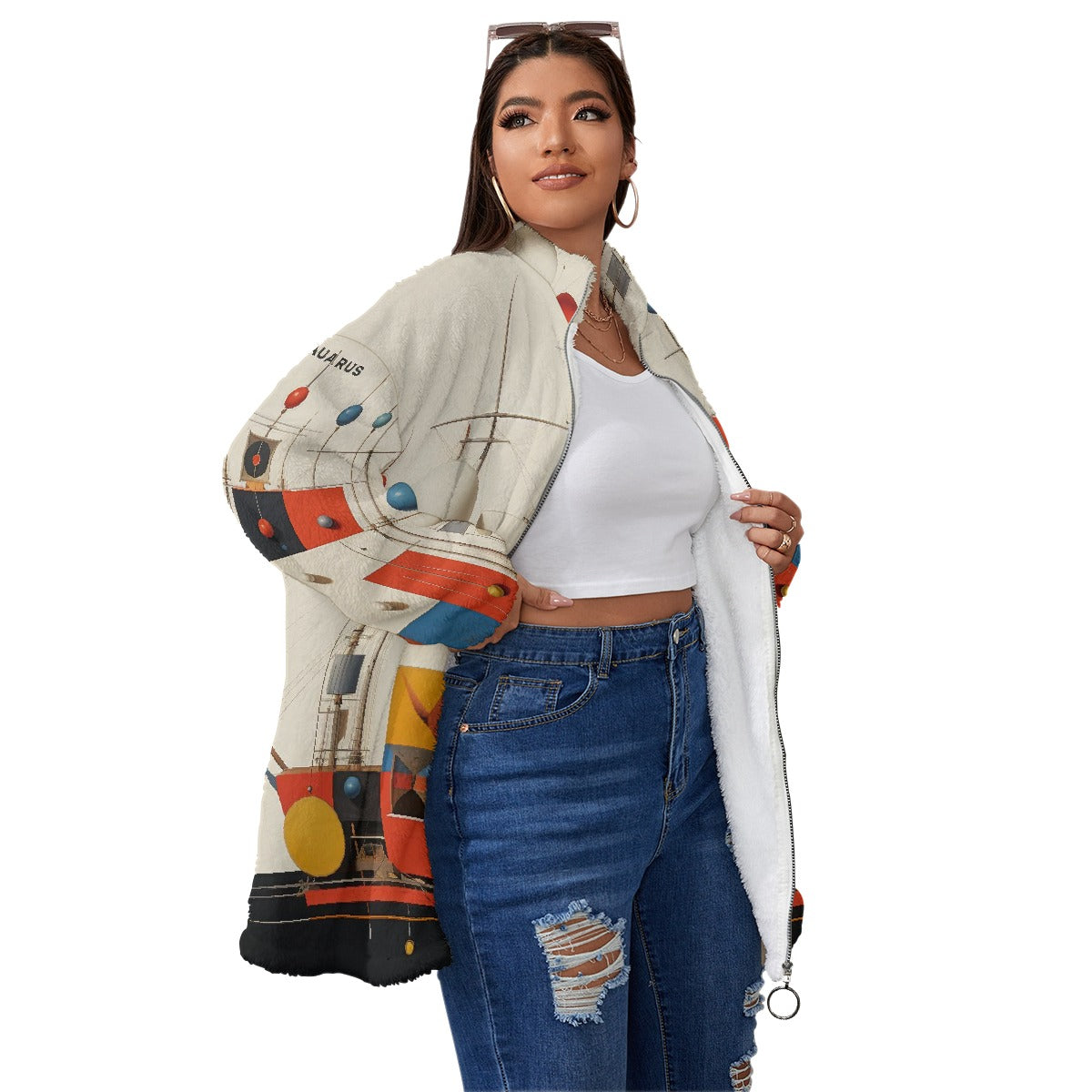 All-Over Print Unisex Borg Fleece Stand-up Collar Coat With Zipper Closure(Plus Size)