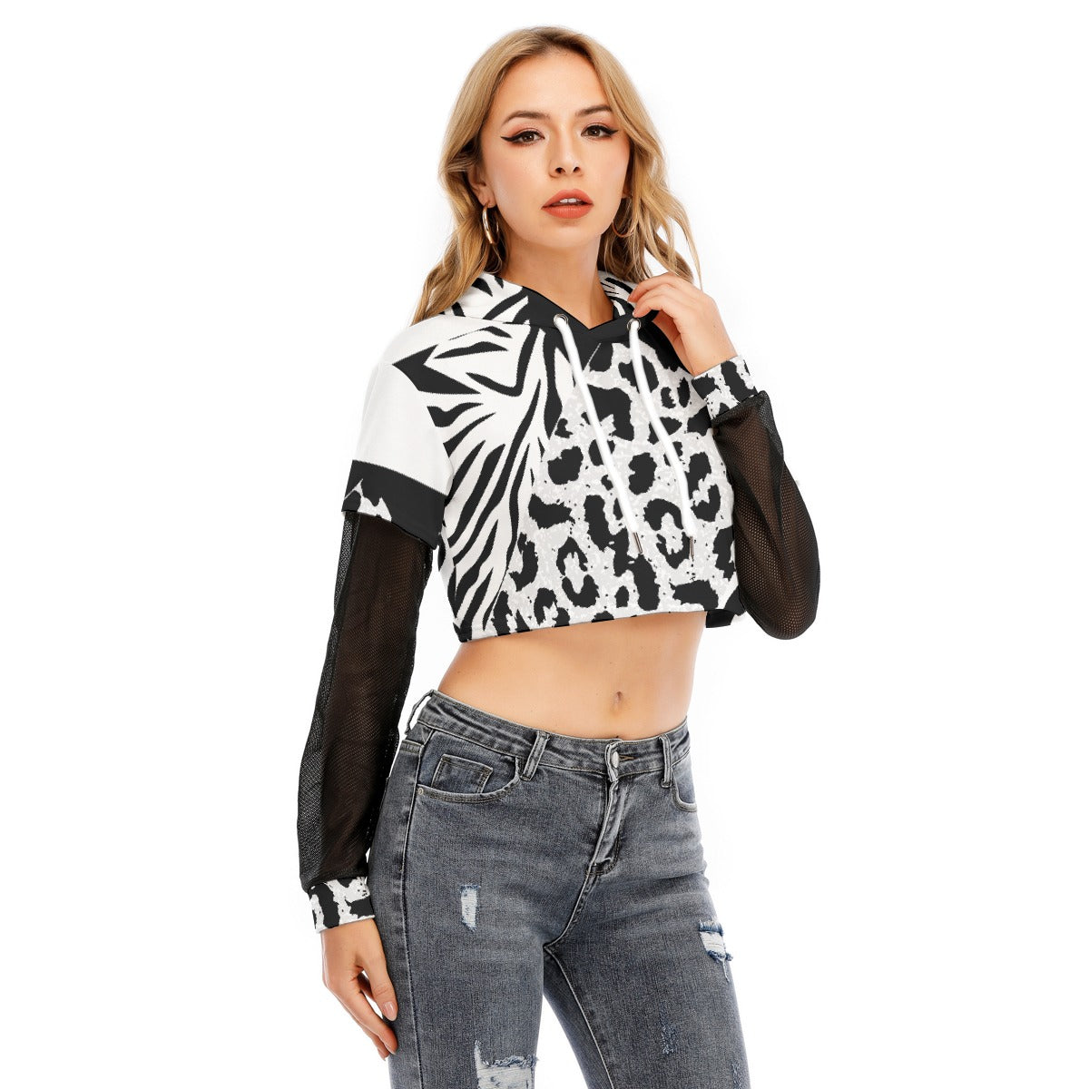 All-Over Print Women's Fake Two-piece Mesh Sleeve Cropped Hoodie