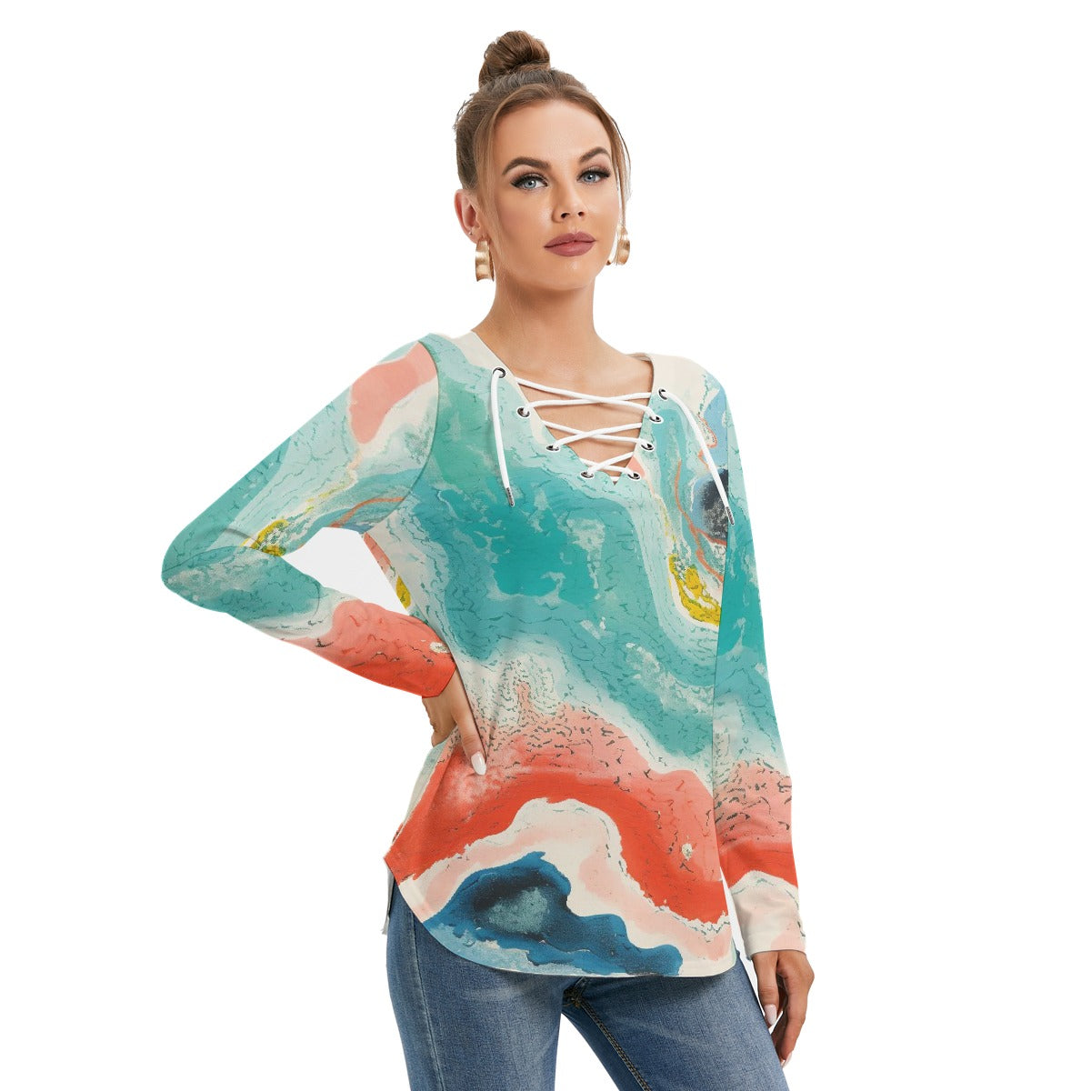 All-Over Print Women's Long Sleeve Neckline Tie Sweatshirt