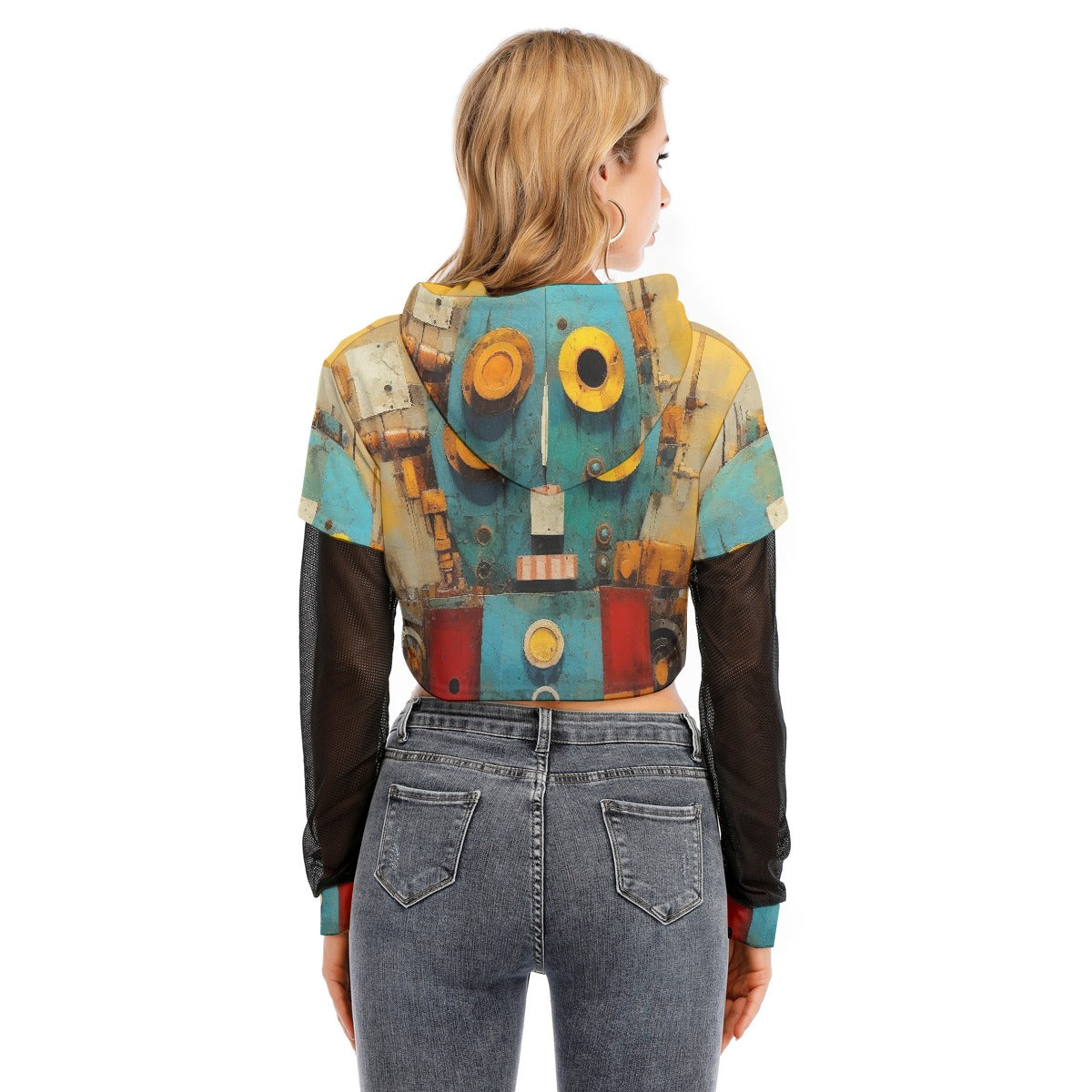 All-Over Print Women's Fake Two-piece Mesh Sleeve Cropped Hoodie