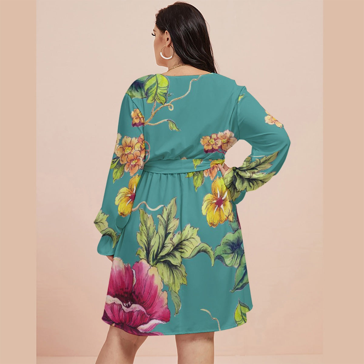 All-Over Print Women's V-neck Dress With Waistband(Plus Size)