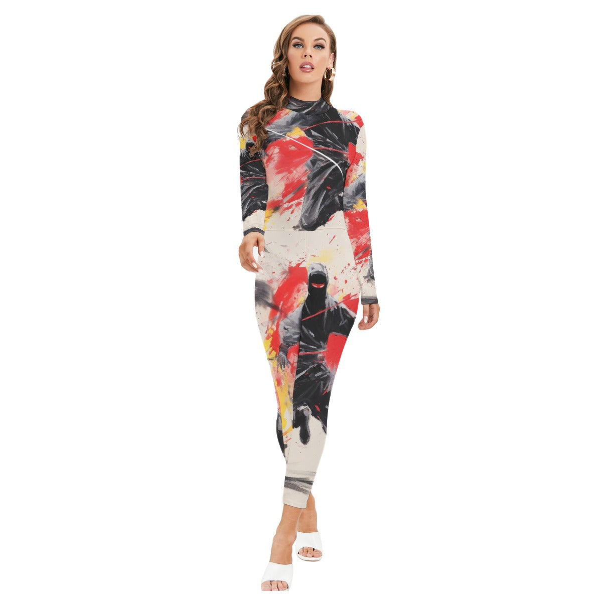 All-Over Print Women's Long-sleeved High-neck Jumpsuit With Zipper
