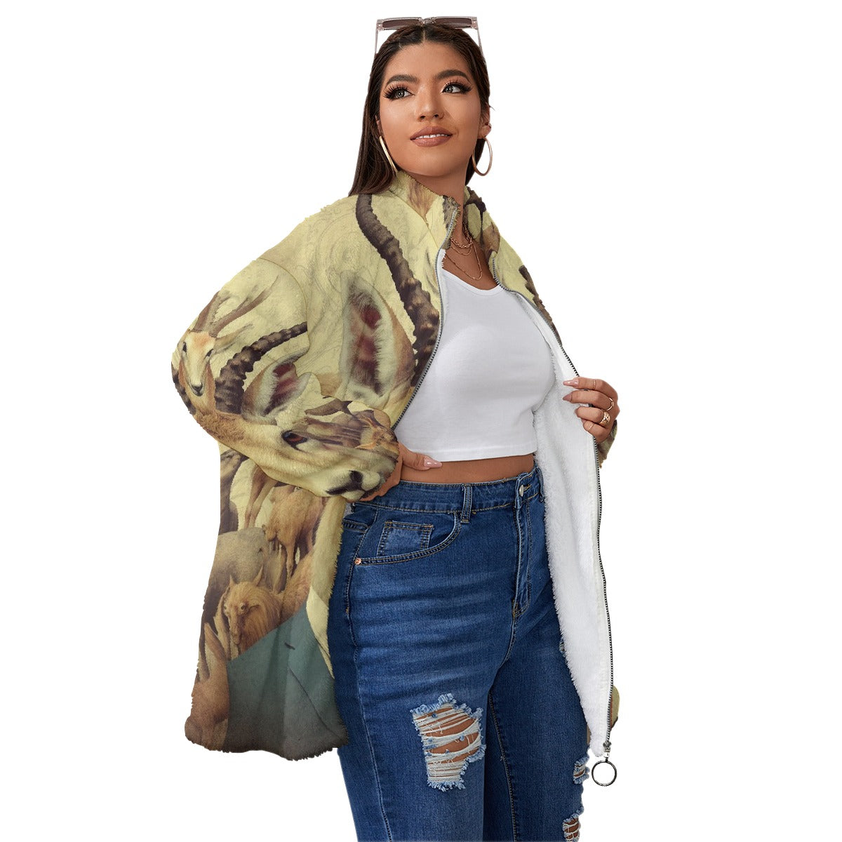 All-Over Print Unisex Borg Fleece Stand-up Collar Coat With Zipper Closure(Plus Size)