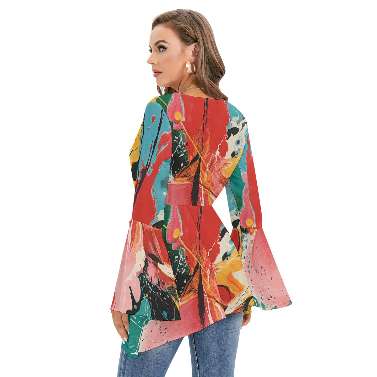 All-Over Print Women's V-neck Blouse With Flared Sleeves