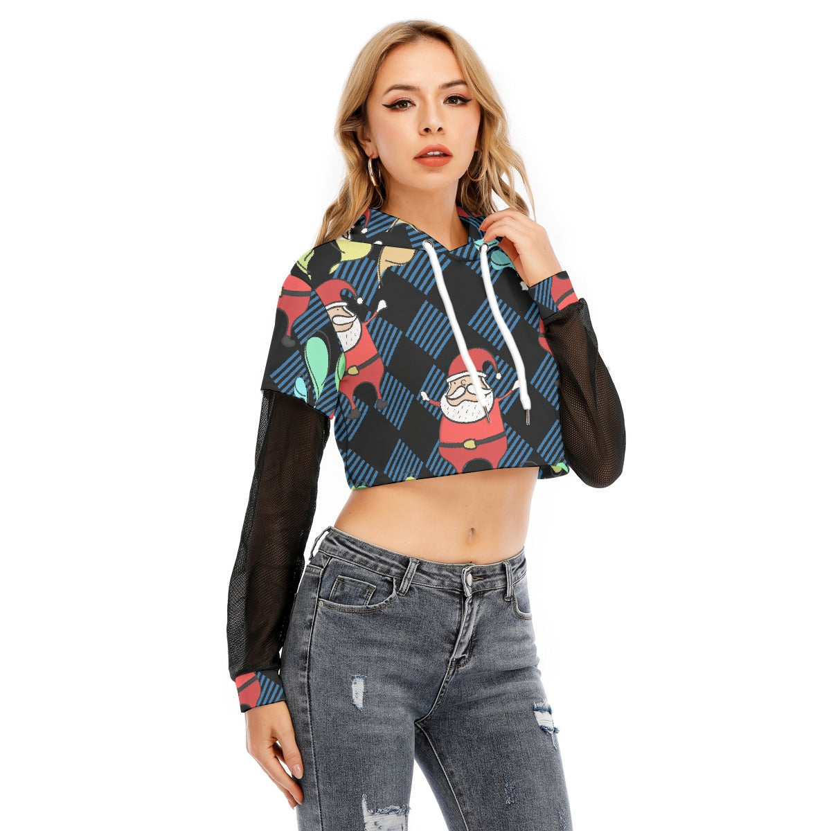 All-Over Print Women's Fake Two-piece Mesh Sleeve Cropped Hoodie