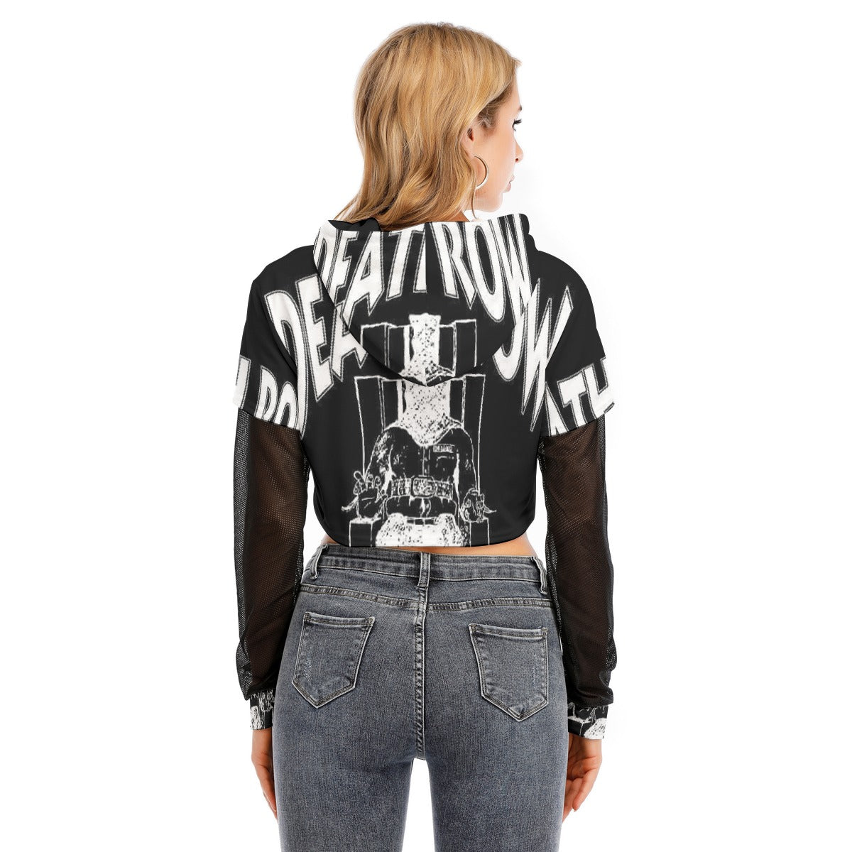 All-Over Print Women's Fake Two-piece Mesh Sleeve Cropped Hoodie