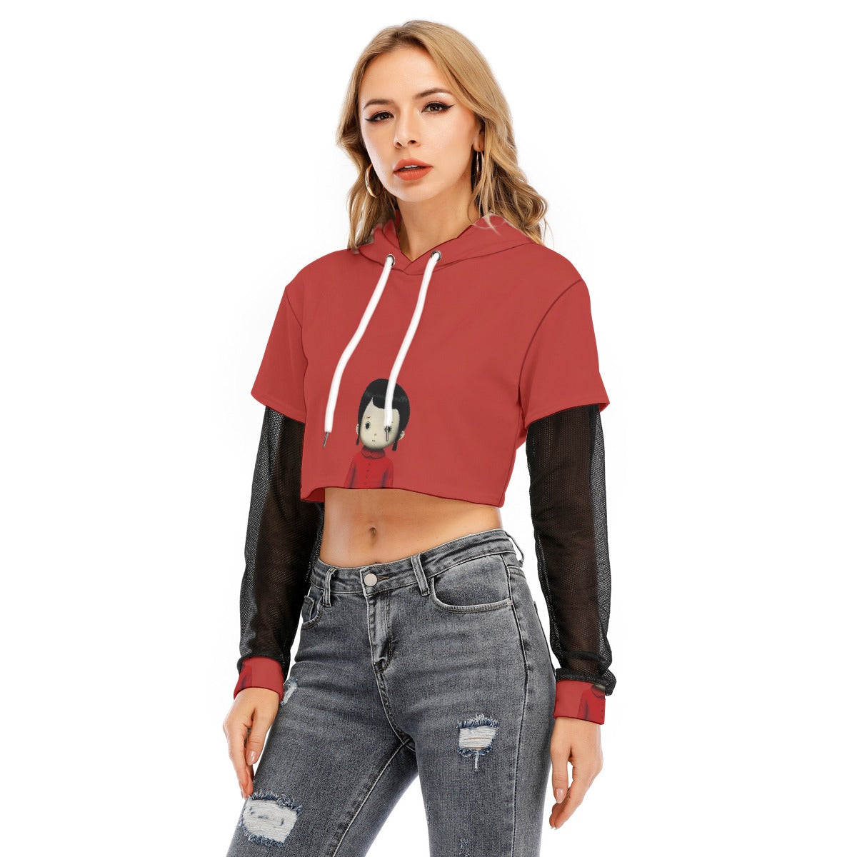All-Over Print Women's Fake Two-piece Mesh Sleeve Cropped Hoodie