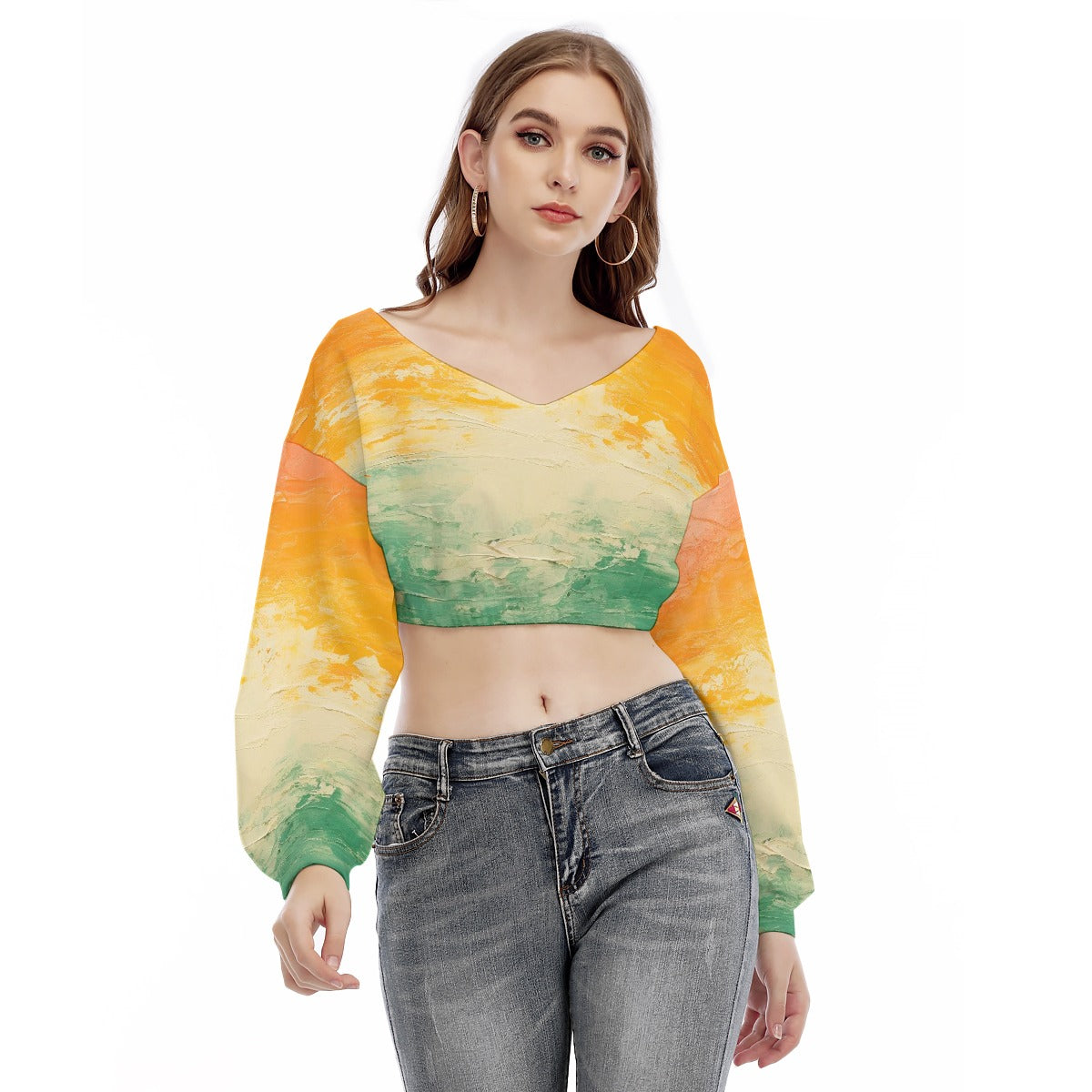 All-Over Print Women's V-neck Long Sleeve Cropped Sweatshirt