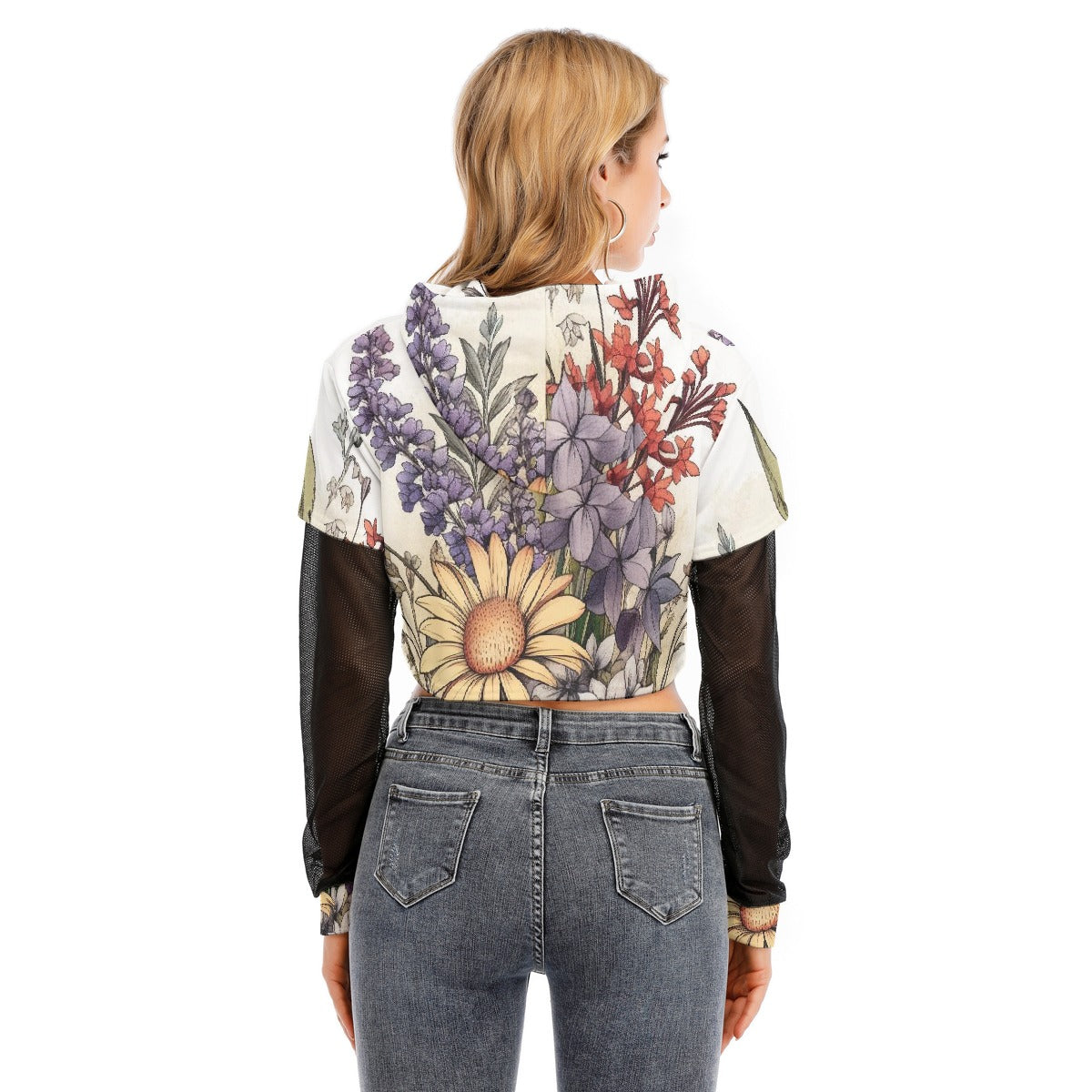 All-Over Print Women's Fake Two-piece Mesh Sleeve Cropped Hoodie