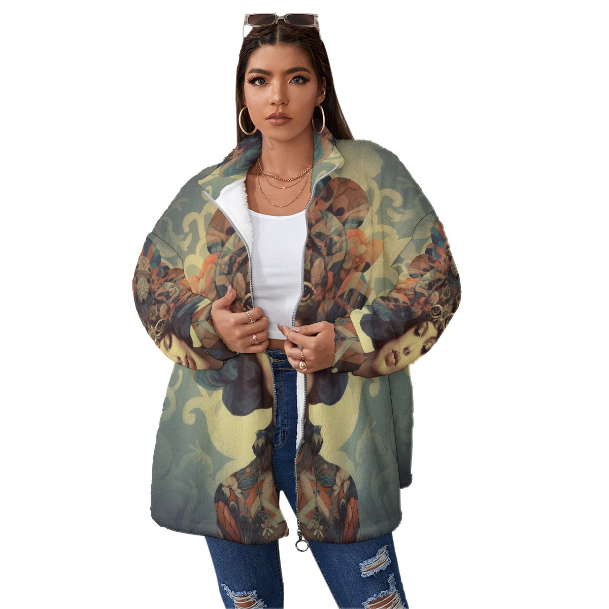 All-Over Print Unisex Borg Fleece Stand-up Collar Coat With Zipper Closure(Plus Size)