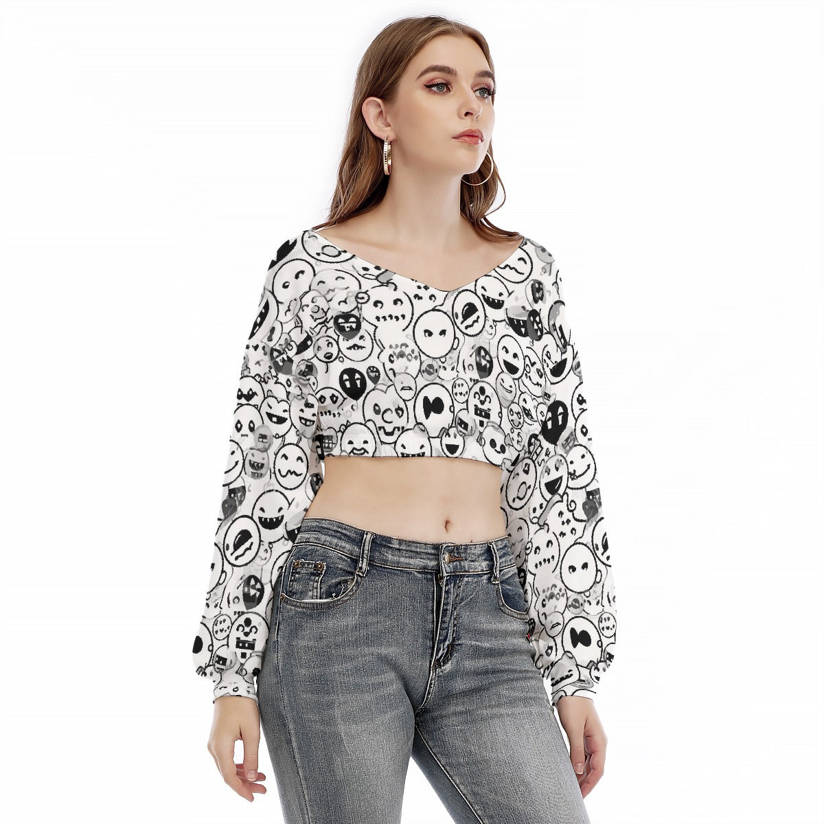All-Over Print Women's V-neck Long Sleeve Cropped Sweatshirt
